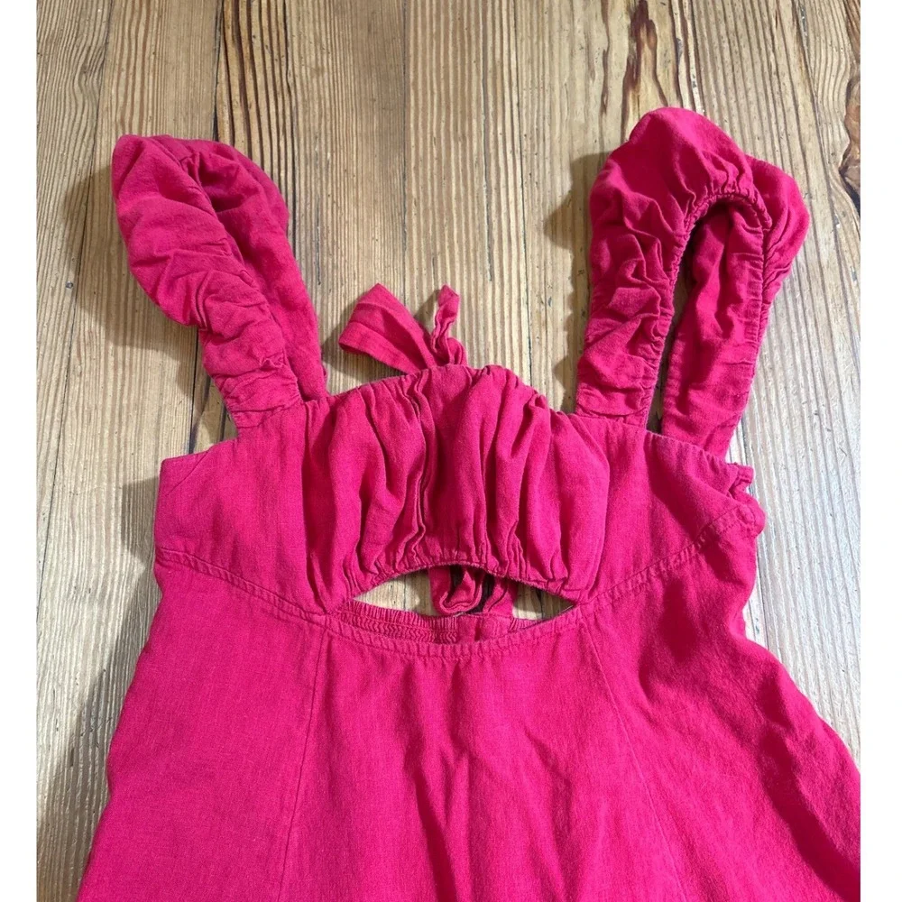 Free People Mini Dress Women Pink Boho‎ Cutout Ruffle Strap Cotton Linen SIZE S